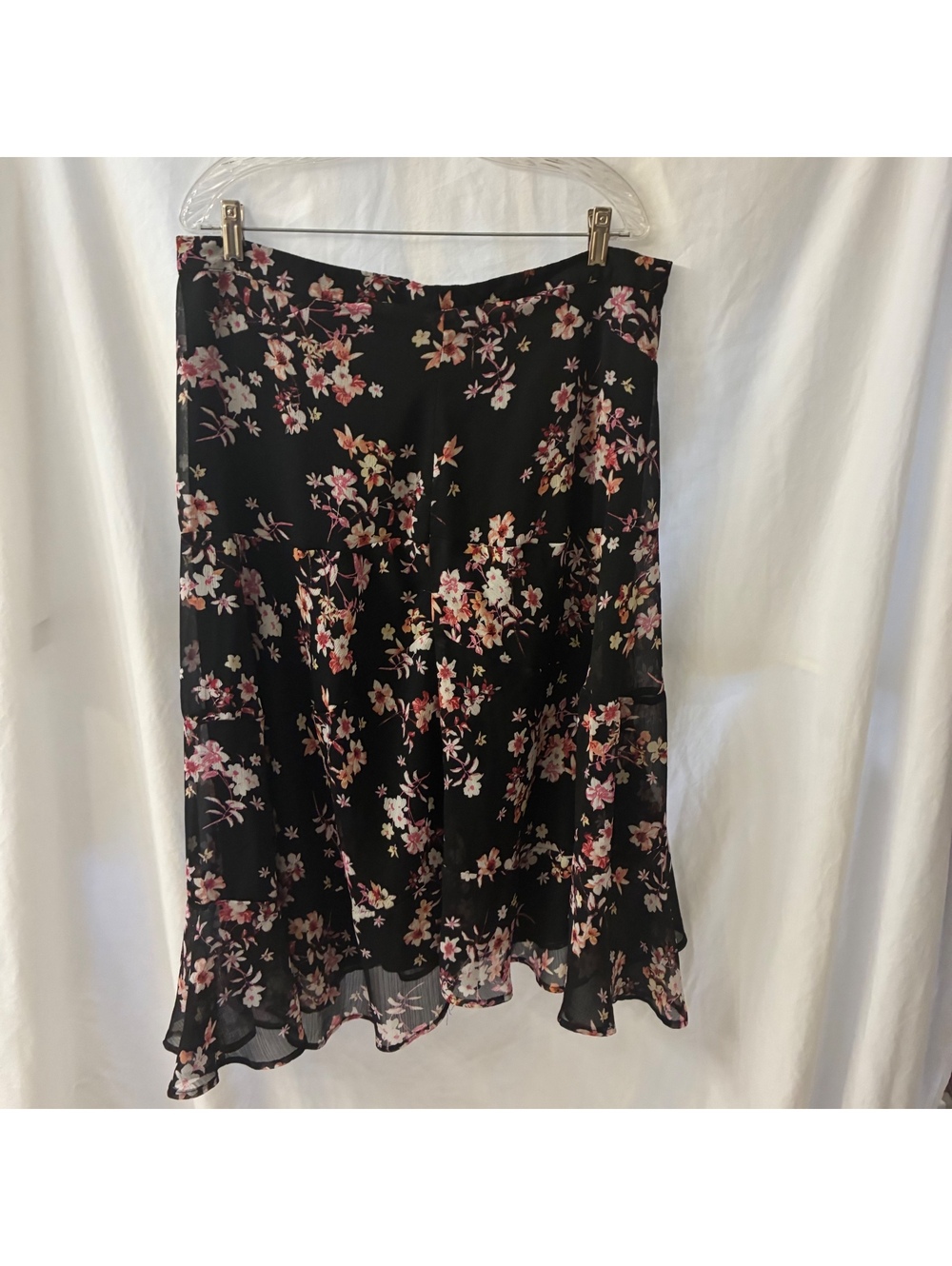 CJ Banks Black Floral Fairycore Boho Tiered Cottagecore Coquette Midi Skirt Sz16